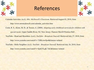 ReferencesCalendar Activities. (n.d.). Mrs. McDowell's Classroom. Retrieved August 03, 2010, from http://www.mrsmcdowell.com/calendar_activities.htm Cook, R. E., Klein, M. D., & Tessier, A. (2008). Adapting early childhood curricula for children with special needs. Upper Saddle River, NJ, New Jersey: Pearson Merrill Prentice Hall. . YouTube - Head and Shoulders. (n.d.). YouTube - Broadcast Yourself. Retrieved July 27, 2010, from http://www.youtube.com/watch?v=7ZRLrrw9jo4&feature=related YouTube - Hello Neighbor. (n.d.). YouTube - Broadcast Yourself. Retrieved July 26, 2010, from http://www.youtube.com/watch?v=QyKYLqK-7nU&feature=related 11