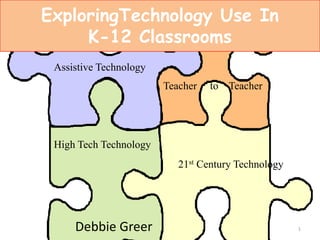 ExploringTechnology Use In K-12 Classrooms Assistive Technology Teacher     to    Teacher High Tech Technology 21st Century Technology 1 Debbie Greer 