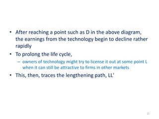 • After reaching a point such as D in the above diagram,
the earnings from the technology begin to decline rather
rapidly
• To prolong the life cycle,
– owners of technology might try to license it out at some point L
when it can still be attractive to firms in other markets
• This, then, traces the lengthening path, LL'
11
 
