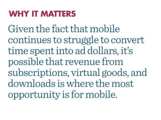 Given the fact that mobile
continues to struggle to convert
time spent into ad dollars, it’s
possible that revenue from
su...
