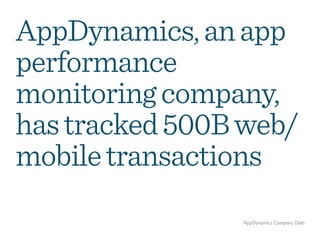 AppDynamics, an
app performance
monitoring company,
has tracked 500B
web/mobile
transactions
AppDynamics Company Data
 