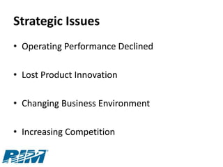 Strategic Issues
• Operating Performance Declined

• Lost Product Innovation

• Changing Business Environment

• Increasing Competition
 