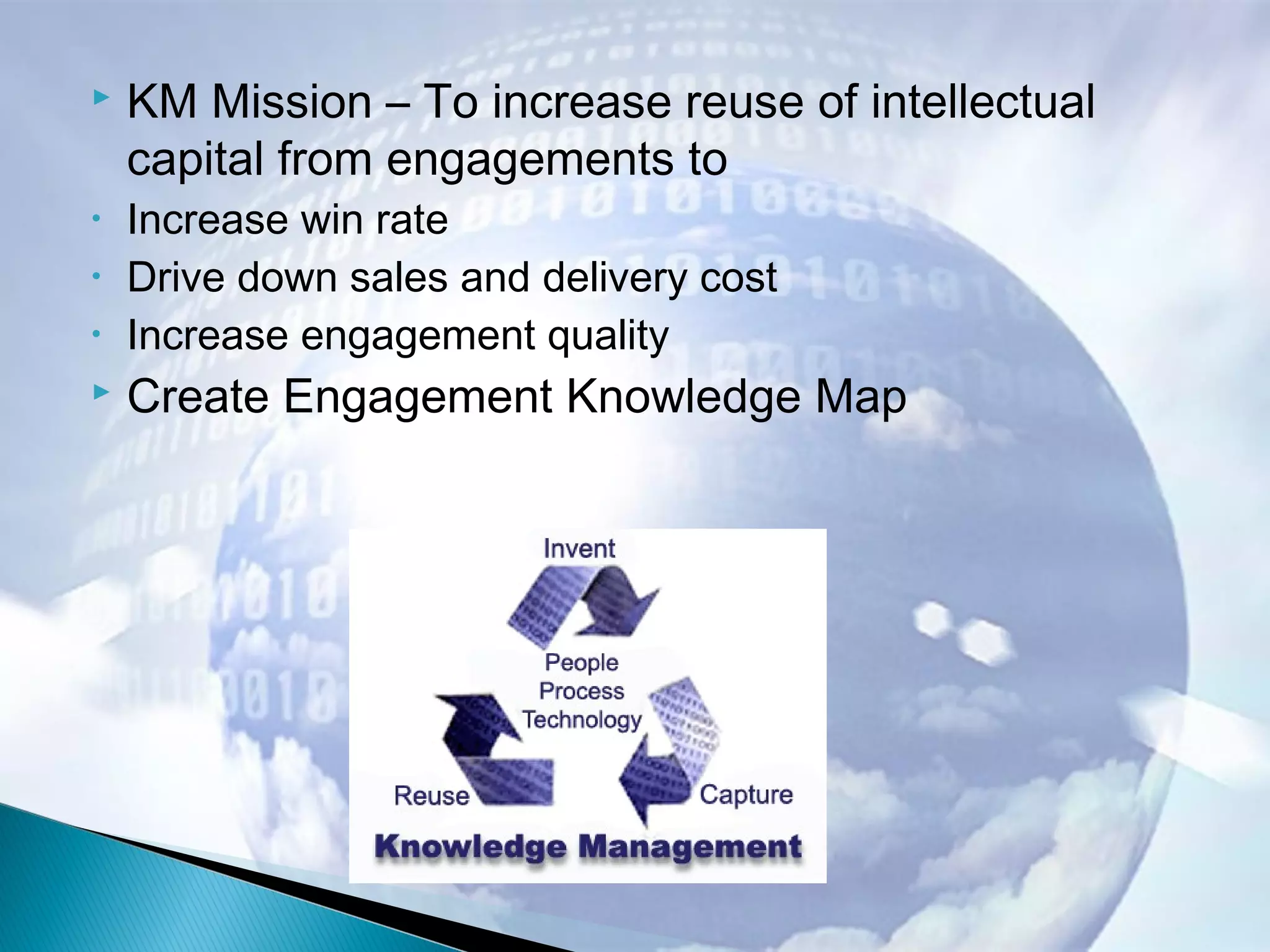  KM Mission – To increase reuse of intellectual
capital from engagements to
• Increase win rate
• Drive down sales and delivery cost
• Increase engagement quality
 Create Engagement Knowledge Map
 