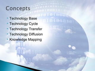  Technology Base
 Technology Cycle
 Technology Transfer
 Technology Diffusion
 Knowledge Mapping
 