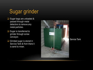 Sugar grinder
 Sugar bags are unloaded &
passed through metal
detectors to remove any
metal particles.
 Sugar is transferred to
grinder through screw
conveyor.
 Grinded sugar is stored in
Service Tank & from there it
is send to mixer.
Service Tank
 