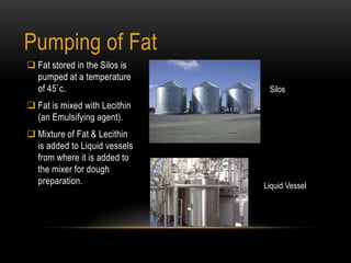Pumping of Fat
 Fat stored in the Silos is
pumped at a temperature
of 45`c.
 Fat is mixed with Lecithin
(an Emulsifying agent).
 Mixture of Fat & Lecithin
is added to Liquid vessels
from where it is added to
the mixer for dough
preparation.
Silos
Liquid Vessel
 