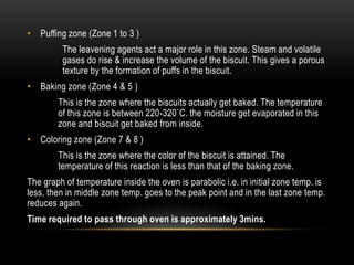 • Puffing zone (Zone 1 to 3 )
The leavening agents act a major role in this zone. Steam and volatile
gases do rise & increase the volume of the biscuit. This gives a porous
texture by the formation of puffs in the biscuit.
• Baking zone (Zone 4 & 5 )
This is the zone where the biscuits actually get baked. The temperature
of this zone is between 220-320`C. the moisture get evaporated in this
zone and biscuit get baked from inside.
• Coloring zone (Zone 7 & 8 )
This is the zone where the color of the biscuit is attained. The
temperature of this reaction is less than that of the baking zone.
The graph of temperature inside the oven is parabolic i.e. in initial zone temp. is
less, then in middle zone temp. goes to the peak point and in the last zone temp.
reduces again.
Time required to pass through oven is approximately 3mins.
 