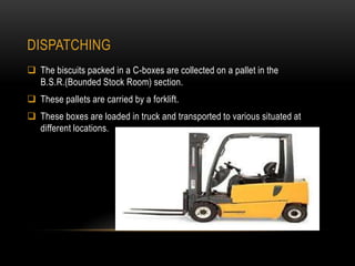 DISPATCHING
 The biscuits packed in a C-boxes are collected on a pallet in the
B.S.R.(Bounded Stock Room) section.
 These pallets are carried by a forklift.
 These boxes are loaded in truck and transported to various situated at
different locations.
 