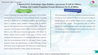 Lorem
ipsum
dolor sit
amet,
consec-
tetuer
Financial, M&A Updates
IT Shades
Engage & Enable
L3harris (USA) Technologies Signs Definitive Agreements To Sell Its Military
Training And Combat Propulsion Systems Businesses For $1.45 Billion
L3Harris Technologies has signed definitive agreements to sell its Military
Training business to CAE and its Combat Propulsion Systems and related
businesses to RENK AG for a combined $1.45 billion. Each transaction is
subject to customary closing conditions, including receipt of regulatory
approvals, and is expected to close in the second half of 2021. Under the first
agreement, CAE will acquire L3Harris’ Military Training business for $1.05
billion in cash. With annual revenue of approximately $500 million, the
Military Training business provides a wide range of training systems,
simulations and related services to U.S. and international military customers.
Under the second agreement, RENK AG will acquire L3Harris’ Combat
Propulsion Systems and related businesses for about $400 million in cash.
With annual revenue of approximately $230 million, the Combat Propulsion
Systems business manufactures military engines and transmissions.
Executive Commentary
“With announcement, we have now completed or announced divestitures
of businesses with a combined $1.4 billion of revenue for $2.5 billion in
expected proceeds, and our portfolio shaping process is ongoing,” said
Chairman and CEO, L3Harris. “These agreements place our Military
Training and Combat Propulsion Systems and related businesses with
well-suited buyers, while positioning L3Harris to further focus on its core
technologies and execute its strategic priorities.”
For any queries, Please write to marketing@itshades.com
Description
7
 