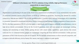 Lorem
ipsum dolor sit
amet, consectetuer
adipiscing elit, sed diam
nonummy
nib
Solution Updates
IT Shades
Engage & Enable
Infineon’s (Germany) new Wi-Fi 6 solutions bring reliable, high performance
connectivity to smart homes
For any queries, Please write to marketing@itshades.com
16
Solution Description
Digitalization is accelerating in all areas of life. From home entertainment to health tech to in-car entertainment, the number
of connected consumer devices used in homes or on-the-go continues to accelerate, increasing the demand for wireless
connectivity. With the new AIROC™ Wi-Fi 6/6E and Bluetooth® 5.2 product series, Infineon Technologies AG is responding
to consumers’ demand for secured and convenient wireless connectivity and helping to reduce congestion of home networks.
Wi-Fi 6, the latest generation of Wi-Fi to hit the market, is specifically built to improve reliability and performance, even in
high device density environments. Driven by the Covid-19 pandemic, more and more people are increasingly working,
studying and entertaining at home. Online gaming devices with virtual reality capabilities, sports devices that stream
work-outs live or connected kitchen gadgets are increasingly congesting the home network environment. Unlike previous
generations of Wi-Fi that focused on peak device speeds, Wi-Fi 6 includes advancements to relieve network congestion, and
to improve network efficiency, device battery life, latency and range in addition to peak speeds.
 