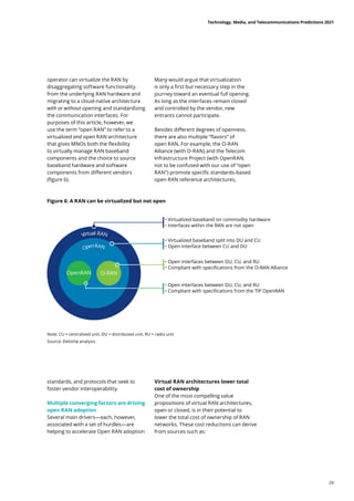 operator can virtualize the RAN by
disaggregating software functionality
from the underlying RAN hardware and
migrating to a cloud-native architecture
with or without opening and standardizing
the communication interfaces. For
purposes of this article, however, we
use the term “open RAN” to refer to a
virtualized and open RAN architecture
that gives MNOs both the flexibility
to virtually manage RAN baseband
components and the choice to source
baseband hardware and software
components from different vendors
(figure 6).
Figure 6: A RAN can be virtualized but not open
standards, and protocols that seek to
foster vendor interoperability.
Multiple converging factors are driving
open RAN adoption
Several main drivers—each, however,
associated with a set of hurdles—are
helping to accelerate Open RAN adoption
Many would argue that virtualization
is only a first but necessary step in the
journey toward an eventual full opening.
As long as the interfaces remain closed
and controlled by the vendor, new
entrants cannot participate.
Besides different degrees of openness,
there are also multiple “flavors” of
open RAN. For example, the O-RAN
Alliance (with O-RAN) and the Telecom
Infrastructure Project (with OpenRAN,
not to be confused with our use of “open
RAN”) promote specific standards-based
open RAN reference architectures,
Virtual RAN architectures lower total
cost of ownership
One of the most compelling value
propositions of virtual RAN architectures,
open or closed, is in their potential to
lower the total cost of ownership of RAN
networks. These cost reductions can derive
from sources such as:
Note: CU = centralized unit, DU = distributed unit, RU = radio unit
Source: Deloitte analysis.
Technology, Media, and Telecommunications Predictions 2021
29
 