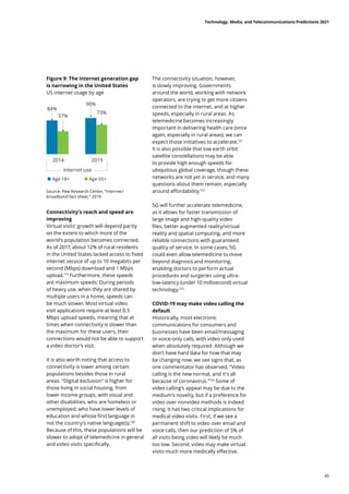Connectivity’s reach and speed are
improving
Virtual visits’ growth will depend partly
on the extent to which more of the
world’s population becomes connected.
As of 2017, about 12% of rural residents
in the United States lacked access to fixed
internet service of up to 10 megabits per
second (Mbps) download and 1 Mbps
upload.119
Furthermore, these speeds
are maximum speeds: During periods
of heavy use, when they are shared by
multiple users in a home, speeds can
be much slower. Most virtual video
visit applications require at least 0.5
Mbps upload speeds, meaning that at
times when connectivity is slower than
the maximum for these users, their
connections would not be able to support
a video doctor’s visit.
It is also worth noting that access to
connectivity is lower among certain
populations besides those in rural
areas. “Digital exclusion” is higher for
those living in social housing, from
lower income groups, with visual and
other disabilities, who are homeless or
unemployed, who have lower levels of
education and whose first language in
not the country’s native language(s).120
Because of this, these populations will be
slower to adopt of telemedicine in general
and video visits specifically.
The connectivity situation, however,
is slowly improving. Governments
around the world, working with network
operators, are trying to get more citizens
connected to the internet, and at higher
speeds, especially in rural areas. As
telemedicine becomes increasingly
important in delivering health care (once
again, especially in rural areas), we can
expect those initiatives to accelerate.121
It is also possible that low earth orbit
satellite constellations may be able
to provide high enough speeds for
ubiquitous global coverage, though these
networks are not yet in service, and many
questions about them remain, especially
around affordability.122
5G will further accelerate telemedicine,
as it allows for faster transmission of
large image and high-quality video
files, better augmented reality/virtual
reality and spatial computing, and more
reliable connections with guaranteed
quality of service. In some cases, 5G
could even allow telemedicine to move
beyond diagnosis and monitoring,
enabling doctors to perform actual
procedures and surgeries using ultra-
low-latency (under 10 millisecond) virtual
technology.123
COVID-19 may make video calling the
default
Historically, most electronic
communications for consumers and
businesses have been email/messaging
or voice-only calls, with video only used
when absolutely required. Although we
don’t have hard data for how that may
be changing now, we see signs that, as
one commentator has observed, “Video
calling is the new normal, and it's all
because of coronavirus.”124
Some of
video calling’s appeal may be due to the
medium’s novelty, but if a preference for
video over nonvideo methods is indeed
rising, it has two critical implications for
medical video visits. First, if we see a
permanent shift to video over email and
voice calls, then our prediction of 5% of
all visits being video will likely be much
too low. Second, video may make virtual
visits much more medically effective.
Figure 9: The internet generation gap
is narrowing in the United States
US internet usage by age
Source: Pew Research Center, “Internet/
broadband fact sheet,” 2019.
Technology, Media, and Telecommunications Predictions 2021
45
 