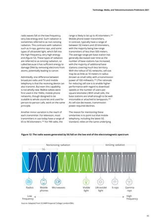 radio waves fall on the low-frequency,
very low-energy end. Such radiation is
sometimes referred to as non-ionizing
radiation. This contrasts with radiation
such as X-rays, gamma rays, and some
types of ultraviolet light, which fall into
the high-frequency, very high-energy
end (figure 12). These types of radiation
are referred to as ionizing radiation, so
called because it has sufficient energy to
damage DNA by removing electrons from
atoms, potentially leading to cancer.
Admittedly, one difference between
broadcast radio and TV and mobile
telephony is that the receiving device can
also transmit. But even this capability
is not wholly new. Walkie-talkies were
first used in the 1940s; mobile phone
networks, though designed to be
scalable to whole countries and used for
person-to-person calls, work on the same
principle.
Another minor variation is the reach of
each transmitter. For television, most
transmitters in use today have a range of
65 to 90 kilometers.202
For FM radio, the
range is likely to be up to 45 kilometers.203
Mobile phone tower transmitters,
in contrast, typically have a range of
between 50 meters and 20 kilometers,
with the majority being low-range
transmitters of less than 500 meters.
The average range per base station has
generally decreased over time as the
number of base stations has increased,
with the majority of additional base
stations covering much less territory.
With the rollout of 5G networks, cell size
may be as little as 10 meters in radius
(known as small cells), with a transmission
power of 100 milliwatts.204
(The rationale
for reducing cell size is to enable higher
performance with regard to download
speeds or the number of users per
square kilometer.) With small cells, the
base stations are small enough to be wall-
mountable or attached to lampposts.205
As cell size decreases, transmission
power required declines.
The reason for mentioning these
similarities is to point out that mobile
telephony, including the latest 5G
standard, relies on the same underlying
Figure 12: The radio waves generated by 5G fall on the low end of the electromagnetic spectrum
Source: Adapted from SCAMP/Imperial College London/EBU.
Technology, Media, and Telecommunications Predictions 2021
65
 