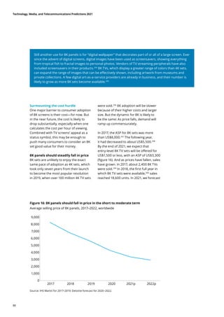 Surmounting the cost hurdle
One major barrier to consumer adoption
of 8K screens is their cost—for now. But
in the near future, the cost is likely to
drop substantially, especially when one
calculates the cost per hour of viewing.
Combined with TV screens’ appeal as a
status symbol, this may be enough to
push many consumers to consider an 8K
set good value for their money.
8K panels should steadily fall in price
8K sets are unlikely to enjoy the exact
same pace of adoption as 4K sets, which
took only seven years from their launch
to become the most popular resolution
in 2019, when over 100 million 4K TV sets
were sold.296
8K adoption will be slower
because of their higher costs and larger
size. But the dynamic for 8K is likely to
be the same: As price falls, demand will
ramp up commensurately.
In 2017, the ASP for 8K sets was more
than US$8,000.297
The following year,
it had decreased to about US$5,500.298
By the end of 2021, we expect that
entry-level 8K TV sets will be offered for
US$1,500 or less, with an ASP of US$3,300
(figure 16). And as prices have fallen, sales
have grown. In 2017, about 2,400 8K TVs
were sold.299
In 2018, the first full year in
which 8K TV sets were available,300
sales
reached 18,600 units. In 2021, we forecast
Still another use for 8K panels is for “digital wallpaper” that decorates part of or all of a large screen. Ever
since the advent of digital screens, digital images have been used as screensavers, showing everything
from tropical fish to fractal images to personal photos. Vendors of TV streaming peripherals have also
included screensavers in their products.294
8K TVs, which display a greater range of colors than 4K sets,
can expand the range of images that can be effectively shown, including artwork from museums and
private collections. A few digital art-as-a-service providers are already in business, and their number is
likely to grow as more 8K sets become available.295
Figure 16: 8K panels should fall in price in the short to moderate term
Average selling price of 8K panels, 2017–2022, worldwide
Source: IHS Markit for 2017–2019; Deloitte forecast for 2020–2022.
2019
2018
2017 2020 2021p 2022p
9,000
8,000
7,000
6,000
5,000
4,000
3,000
2,000
1,000
0
Technology, Media, and Telecommunications Predictions 2021
88
 