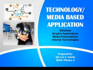 TECHNOLOGY/
MEDIA BASED
APPLICATION
Database
Graphic Applications
Media Presentations
Internet Technologies
Prepared by:
Ida Lyn A. Azuelo
BSED- Physics 2
 