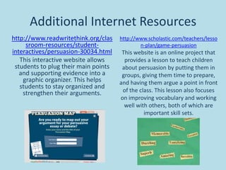 Additional Internet Resources
http://www.readwritethink.org/clas
sroom-resources/studentinteractives/persuasion-30034.html
This interactive website allows
students to plug their main points
and supporting evidence into a
graphic organizer. This helps
students to stay organized and
strengthen their arguments.

http://www.scholastic.com/teachers/lesso
n-plan/game-persuasion

This website is an online project that
provides a lesson to teach children
about persuasion by putting them in
groups, giving them time to prepare,
and having them argue a point in front
of the class. This lesson also focuses
on improving vocabulary and working
well with others, both of which are
important skill sets.

 