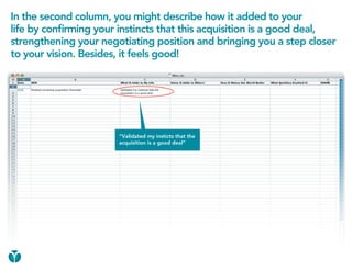 In the second column, you might describe how it added to your
life by confirming your instincts that this acquisition is a good deal,
strengthening your negotiating position and bringing you a step closer
to your vision. Besides, it feels good!




                       “Validated my insticts that the
                       acquisition is a good deal”
 