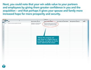 Next, you could note that your win adds value to your partners
and employees by giving them greater confidence in you and the
acquisition – and that perhaps it gives your spouse and family more
increased hope for more prosperity and security.




                             “Moves the company one
                             step closer to a higher level of
                             prosperity, and gives my family
                             some relief from the stress”
 