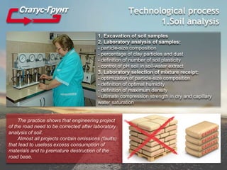 Technological process
1.Soil analysis
1. Excavation of soil samples
2. Laboratory analysis of samples:
- particle-size composition
- percentage of clay particles and dust
- definition of number of soil plasticity
- control of pH soil in soil-water extract
3. Laboratory selection of mixture receipt:
- optimization of particle-size composition
- definition of optimal humidity
- definition of maximum density
- ultimate compression strength in dry and capillary
water saturation
The practice shows that engineering project
of the road need to be corrected after laboratory
analysis of soil.
Almost all projects contain omissions (faults)
that lead to useless excess consumption of
materials and to premature destruction of the
road base.
 