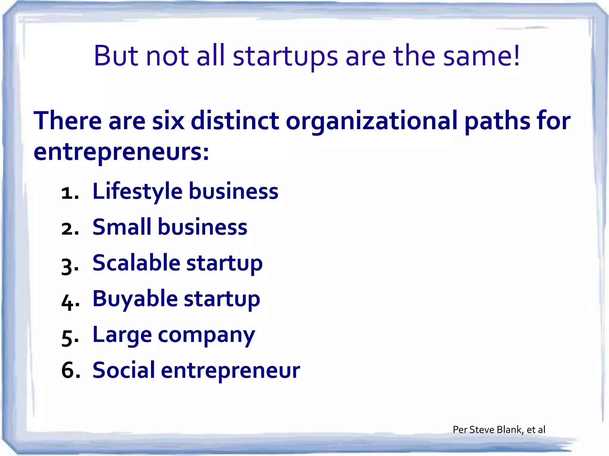 Never Stop Learning!
• Keep yourself process-oriented.
•

It’s not about the product or service!

•

Changing the world (or even a niche market!) requires time and many, many
small steps!

• Stay in the present.
•

Customers and competitors change regularly -- learn by iterating and listening.

• Make the learning process your goal.
•

Success in business comes to those who learn most quickly, and adapt their
processes most effectively.

• Be deliberate, and keep a clear picture of your
destination.
•

Each iteration should teach you something about how you’ll ultimately arrive at
your goal.
Per Thomas Sterner

 
