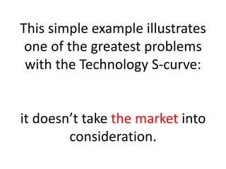 This simple example illustrates
 one of the greatest problems
 with the Technology S-curve:


it doesn’t take the market into
        consideration.
 