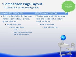 COMPARISON OF ITEM ONE
• This is a place holder for item one.
Item one can be text, a picture,
graph, table, etc.
• Here is level two
• Here is level three
• Level 4
• Level 4, you may add more
text or delete this text.
• This is a place holder for item one.
Item one can be text, a picture,
graph, table, etc.
• Here is level two
• Here is level three
COMPARISON OF ITEM TWO
•Comparison Page Layout
A second line of text could go here
A callout, this
can be edited
or deleted
 