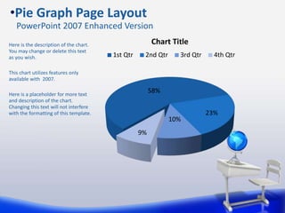 58%
23%
10%
9%
Chart Title
1st Qtr 2nd Qtr 3rd Qtr 4th Qtr
Here is the description of the chart.
You may change or delete this text
as you wish.
This chart utilizes features only
available with 2007.
Here is a placeholder for more text
and description of the chart.
Changing this text will not interfere
with the formatting of this template.
•Pie Graph Page Layout
PowerPoint 2007 Enhanced Version
 