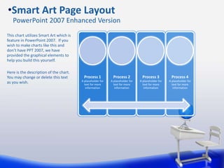 This chart utilizes Smart Art which is
feature in PowerPoint 2007. If you
wish to make charts like this and
don’t have PPT 2007, we have
provided the graphical elements to
help you build this yourself.
Here is the description of the chart.
You may change or delete this text
as you wish.
•Smart Art Page Layout
PowerPoint 2007 Enhanced Version
Process 1
A placeholder for
text for more
information
Process 2
A placeholder for
text for more
information
Process 3
A placeholder for
text for more
information
Process 4
A placeholder for
text for more
information
 