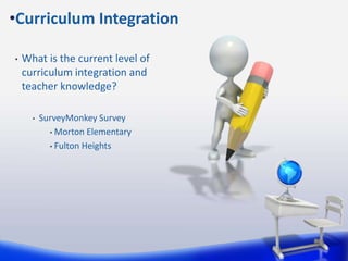 • What is the current level of
curriculum integration and
teacher knowledge?
• SurveyMonkey Survey
• Morton Elementary
• Fulton Heights
•Curriculum Integration
 