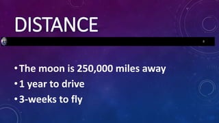 DISTANCE
•The moon is 250,000 miles away
•1 year to drive
•3-weeks to fly
 