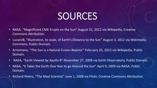 SOURCES
• NASA, “Magnificent CME Erupts on the Sun” August 31, 2012 via Wikipedia, Creative
Commons Attribution.
• LucasVB, “Illustration, to scale, of Earth’s Distance to the Sun” August 3, 2012 via Wikimedia
Commons, Public Domain.
• Arnomane, “The Sun is a Natural Fusion Reactor” February 25, 2015 via Wikipedia, Public
Domain.
• NASA, “Earth Viewed by Apollo 8” November 27, 2008 via Earth Observatory, Public Domain.
• NASA, “It Takes the Earth One Year to go Around the Sun” April 9, 2009 via NASA, Public
Domain.
• Richard Peters, “The Mad Scientist” June 1, 2008 via Flickr, Creative Commons Attribution.
 