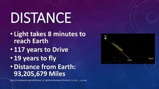 DISTANCE
• Light takes 8 minutes to
reach Earth
• 117 years to Drive
• 19 years to fly
• Distance from Earth:
93,205,679 Miles
http://en.wikipedia.org/wiki/Speed_of_light#mediaviewer/File:Earth_to_Sun_-_en.png
 
