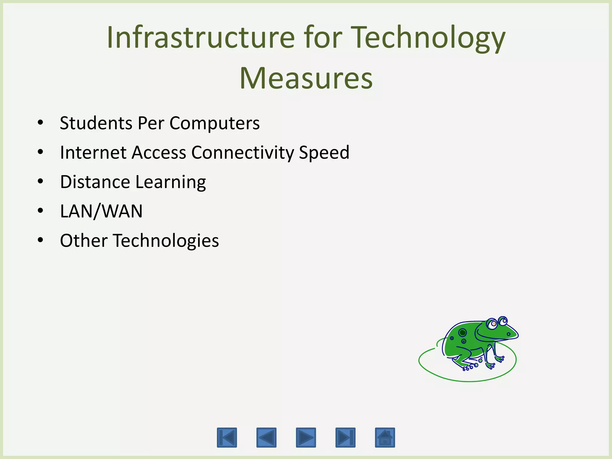 Infrastructure for Technology
                   Measures
•   Students Per Computers
•   Internet Access Connectivity Speed
•   Distance Learning
•   LAN/WAN
•   Other Technologies
 