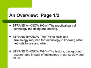 An Overview: Page 1/2
 STRAND A=KNOW HOW=The practical part of
technology the doing and making.
 STRAND B=KNOW THAT=The skills and
terminology required for technology in knowing what
methods to use and when.
 STRAND C=KNOW WHY=The history, background,
research and impact of technology in our society and
on us.
 