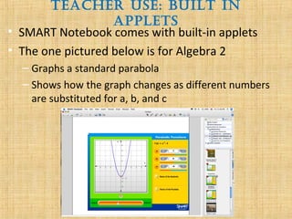 Teacher Use: BUilT in
appleTs
• SMART Notebook comes with built-in applets
• The one pictured below is for Algebra 2
– Graphs a standard parabola
– Shows how the graph changes as different numbers
are substituted for a, b, and c
 