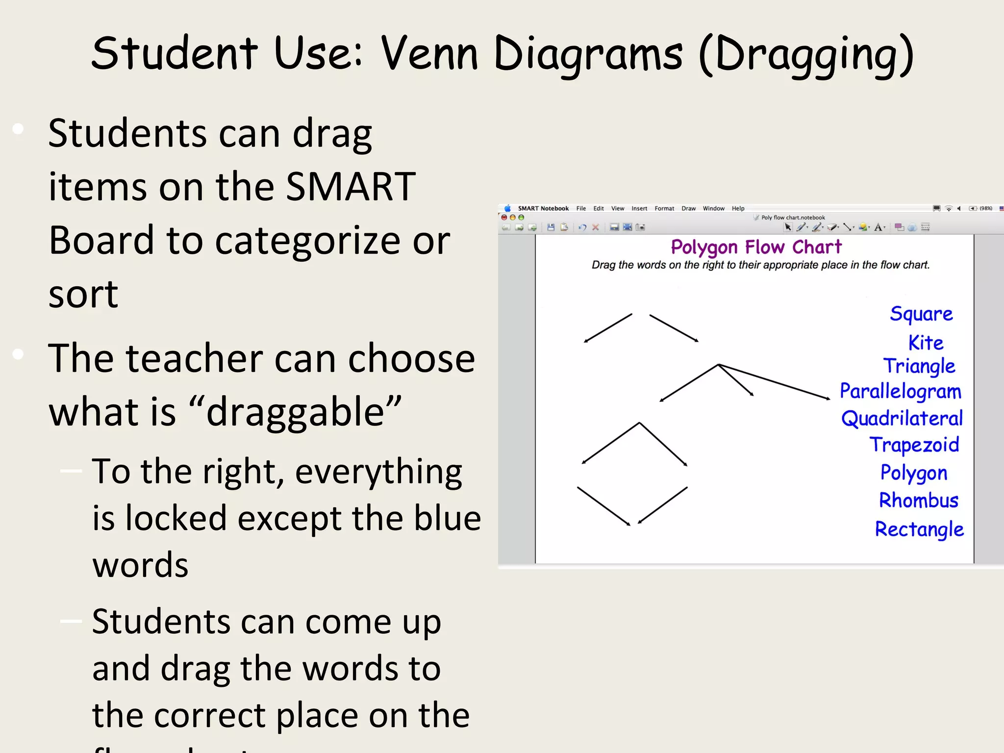 Student Use: Venn Diagrams (Dragging)
• Students can drag
items on the SMART
Board to categorize or
sort
• The teacher can choose
what is “draggable”
– To the right, everything
is locked except the blue
words
– Students can come up
and drag the words to
the correct place on the
 