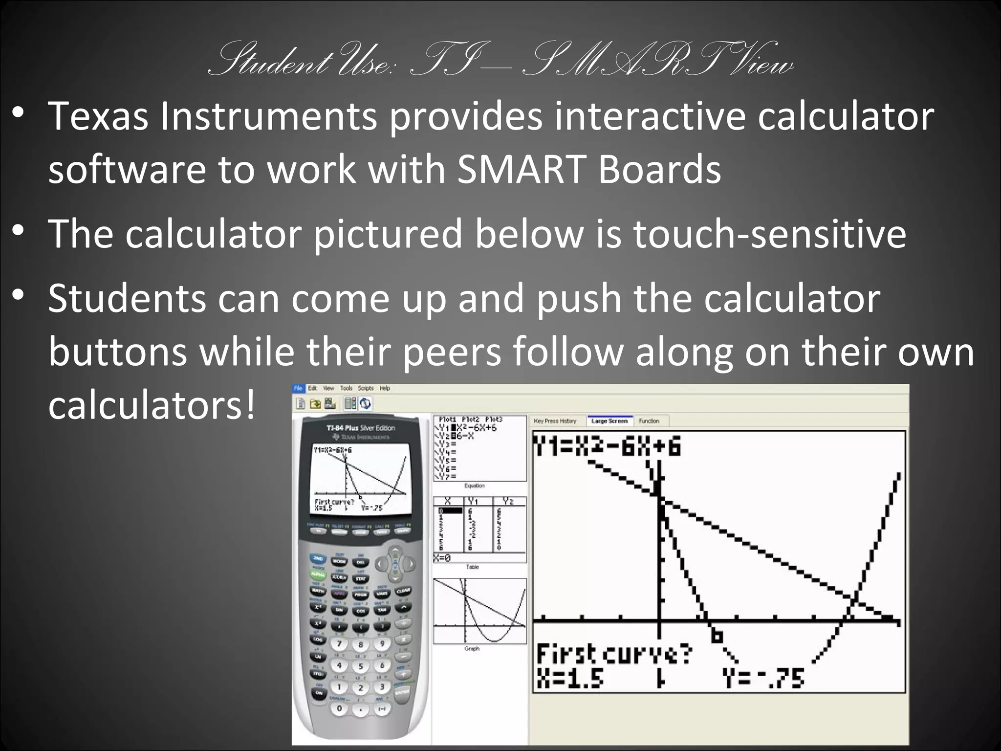 Student Use: TI – SMART View
• Texas Instruments provides interactive calculator
software to work with SMART Boards
• The calculator pictured below is touch-sensitive
• Students can come up and push the calculator
buttons while their peers follow along on their own
calculators!
 