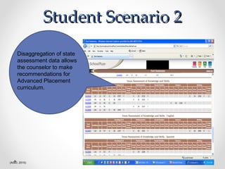 Student Scenario 2 (AISD, 2010) Disaggregation of state assessment data allows the counselor to make recommendations for Advanced Placement curriculum. 