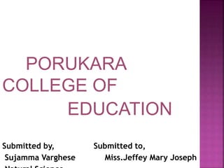 PORUKARA
COLLEGE OF
EDUCATION
Submitted by, Submitted to,
Sujamma Varghese Miss.Jeffey Mary Joseph
 