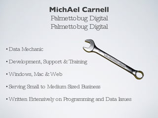 MichAel Carnell Palmettobug Digital Palmettobug Digital Data Mechanic Development, Support & Training Windows, Mac & Web Serving Small to Medium Sized Business Written Extensively on Programming and Data Issues 