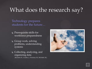 What does the research say?
Technology prepares
students for the future…

   Prerequisite skills for
    workforce preparedness

   Group work, solving
    problems, understanding
    systems

   Collecting, analyzing, and
    organizing data
    (Burchett, R., Cradler, J., Freeman, M., McNabb, M.)
 