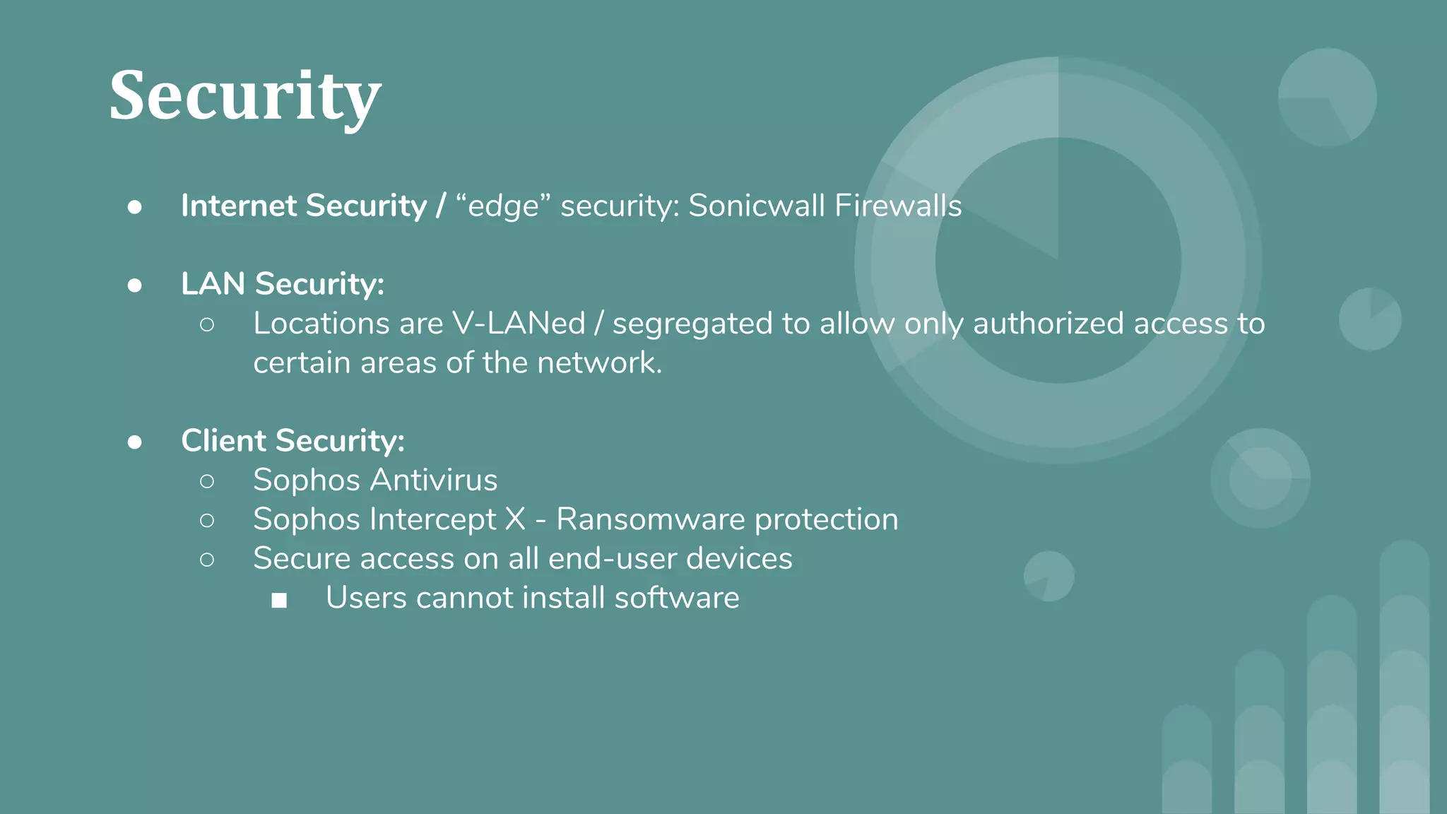 ● Internet Security / “edge” security: Sonicwall Firewalls
● LAN Security:
○ Locations are V-LANed / segregated to allow only authorized access to
certain areas of the network.
● Client Security:
○ Sophos Antivirus
○ Sophos Intercept X - Ransomware protection
○ Secure access on all end-user devices
■ Users cannot install software
 