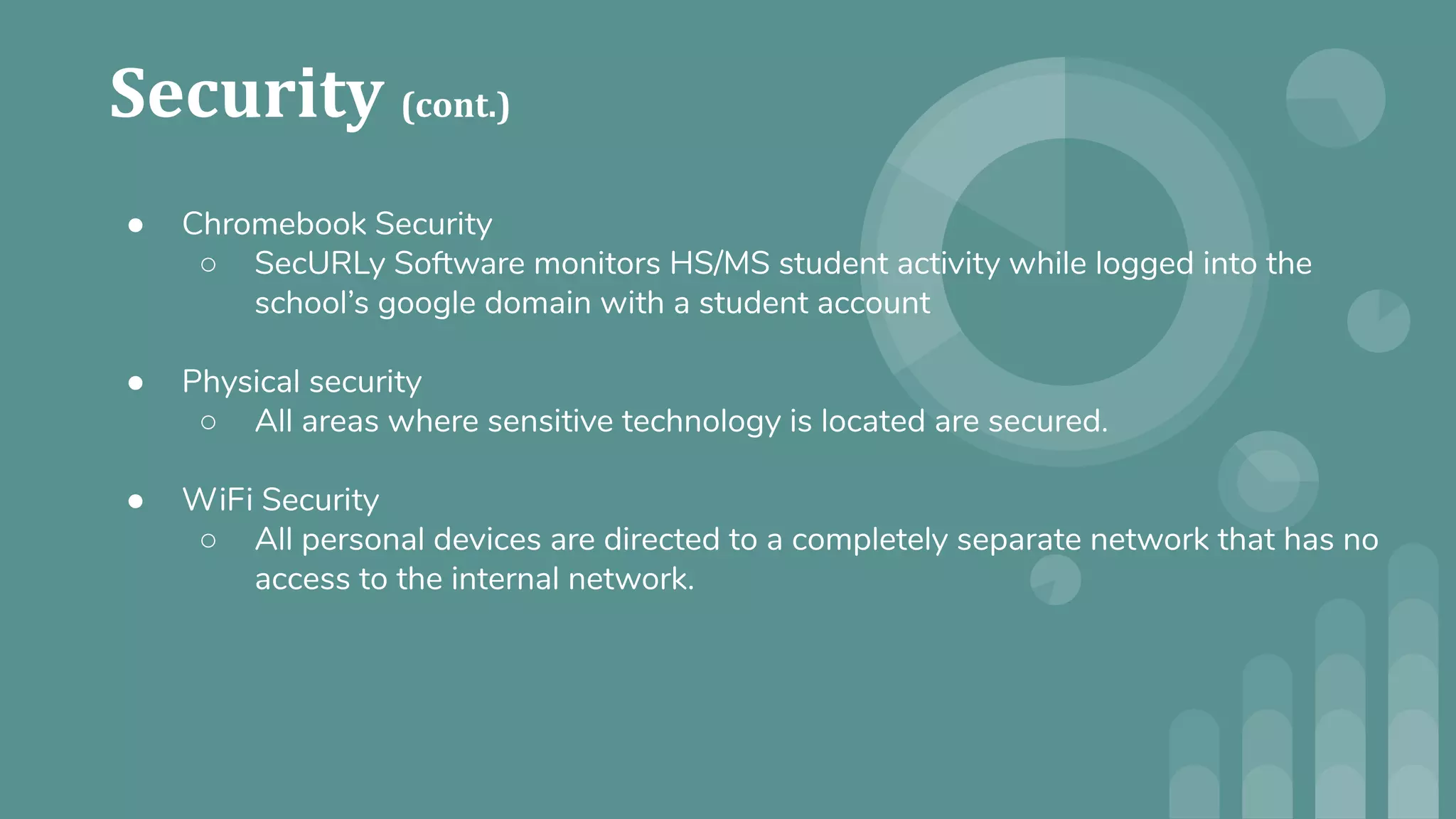 ● Chromebook Security
○ SecURLy Software monitors HS/MS student activity while logged into the
school’s google domain with a student account
● Physical security
○ All areas where sensitive technology is located are secured.
● WiFi Security
○ All personal devices are directed to a completely separate network that has no
access to the internal network.
 