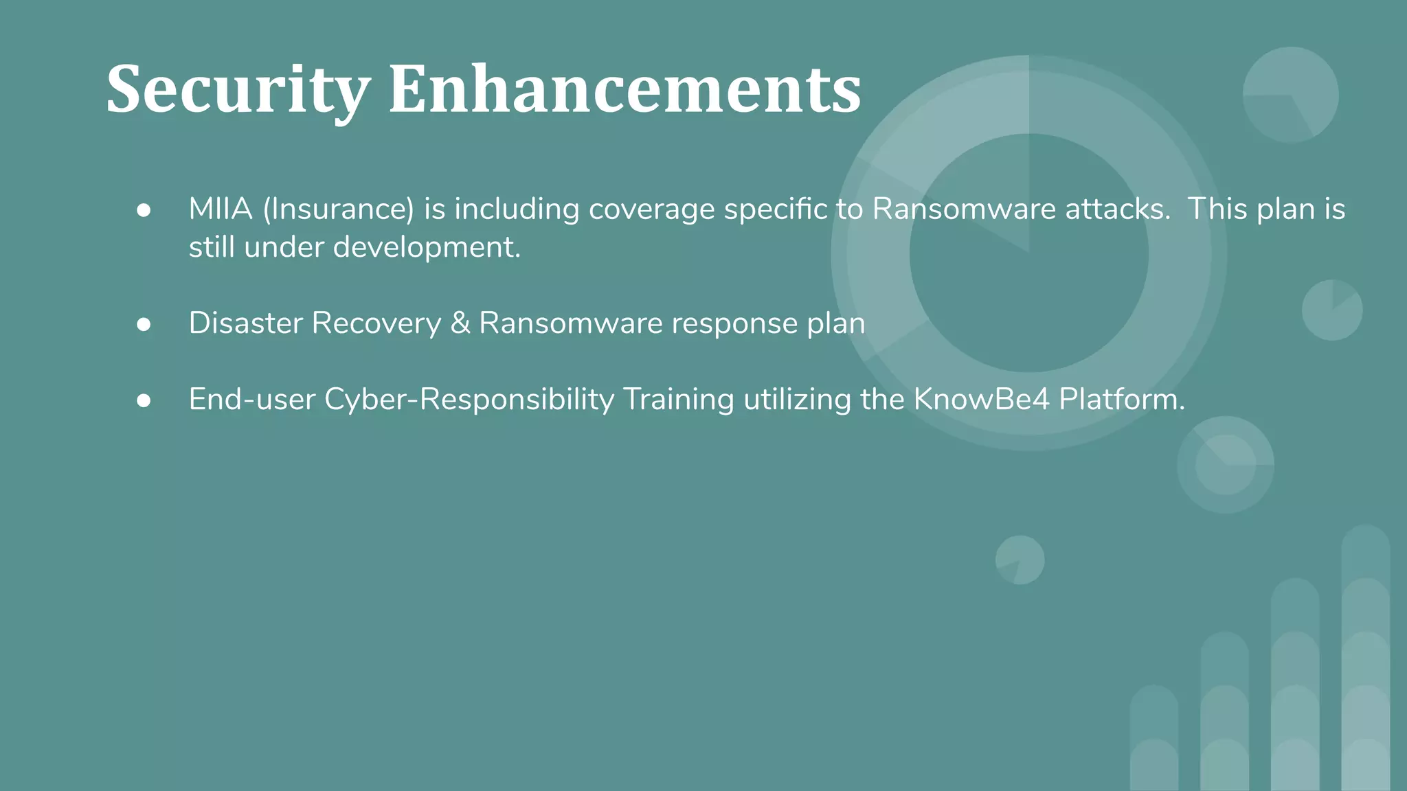 ● MIIA (Insurance) is including coverage speciﬁc to Ransomware attacks. This plan is
still under development.
● Disaster Recovery & Ransomware response plan
● End-user Cyber-Responsibility Training utilizing the KnowBe4 Platform.
 