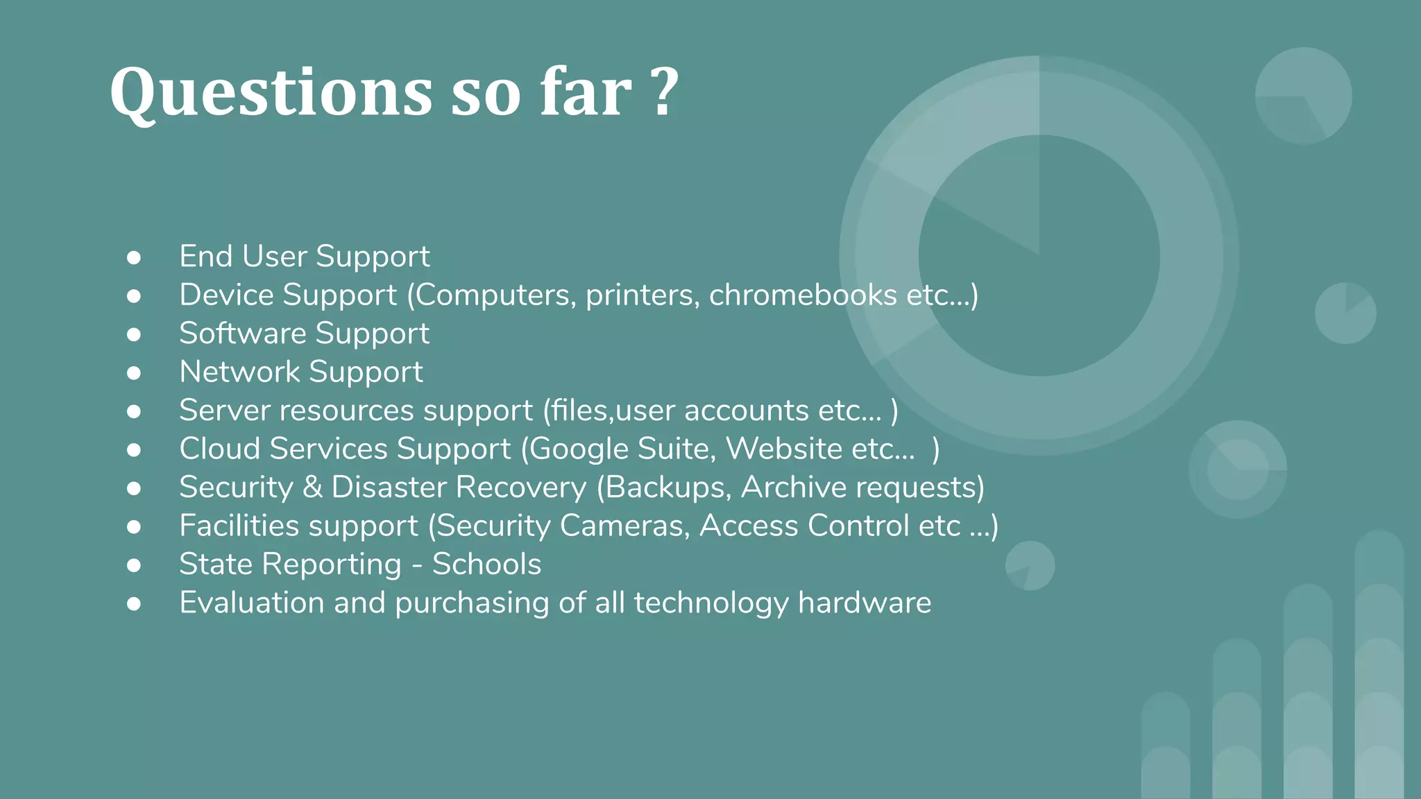 ● End User Support
● Device Support (Computers, printers, chromebooks etc…)
● Software Support
● Network Support
● Server resources support (ﬁles,user accounts etc… )
● Cloud Services Support (Google Suite, Website etc… )
● Security & Disaster Recovery (Backups, Archive requests)
● Facilities support (Security Cameras, Access Control etc …)
● State Reporting - Schools
● Evaluation and purchasing of all technology hardware
 