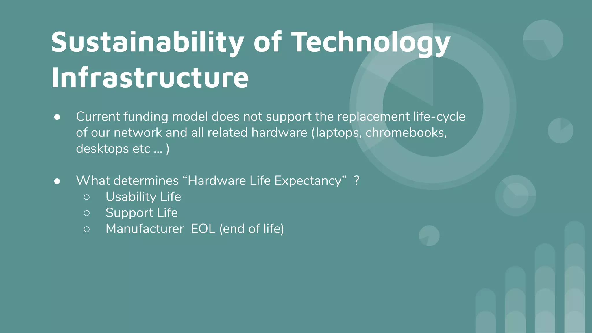 Sustainability of Technology
Infrastructure
● Current funding model does not support the replacement life-cycle
of our network and all related hardware (laptops, chromebooks,
desktops etc … )
● What determines “Hardware Life Expectancy” ?
○ Usability Life
○ Support Life
○ Manufacturer EOL (end of life)
 