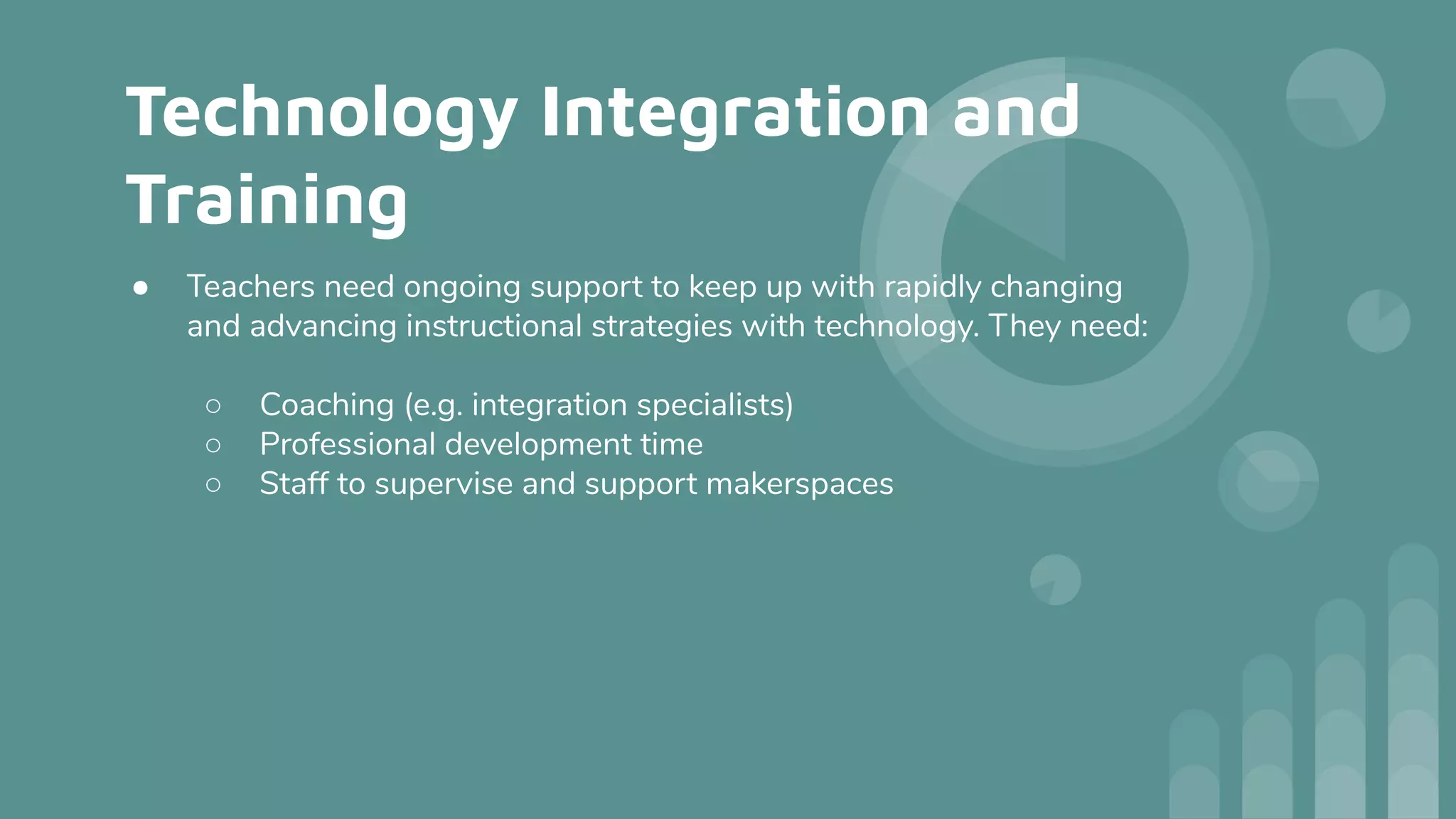 Technology Integration and
Training
● Teachers need ongoing support to keep up with rapidly changing
and advancing instructional strategies with technology. They need:
○ Coaching (e.g. integration specialists)
○ Professional development time
○ Staff to supervise and support makerspaces
 