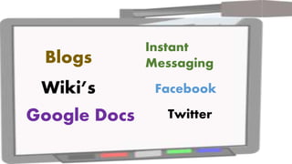 Blogs
Wiki’s
Google Docs
Instant
Messaging
Twitter
Facebook
 