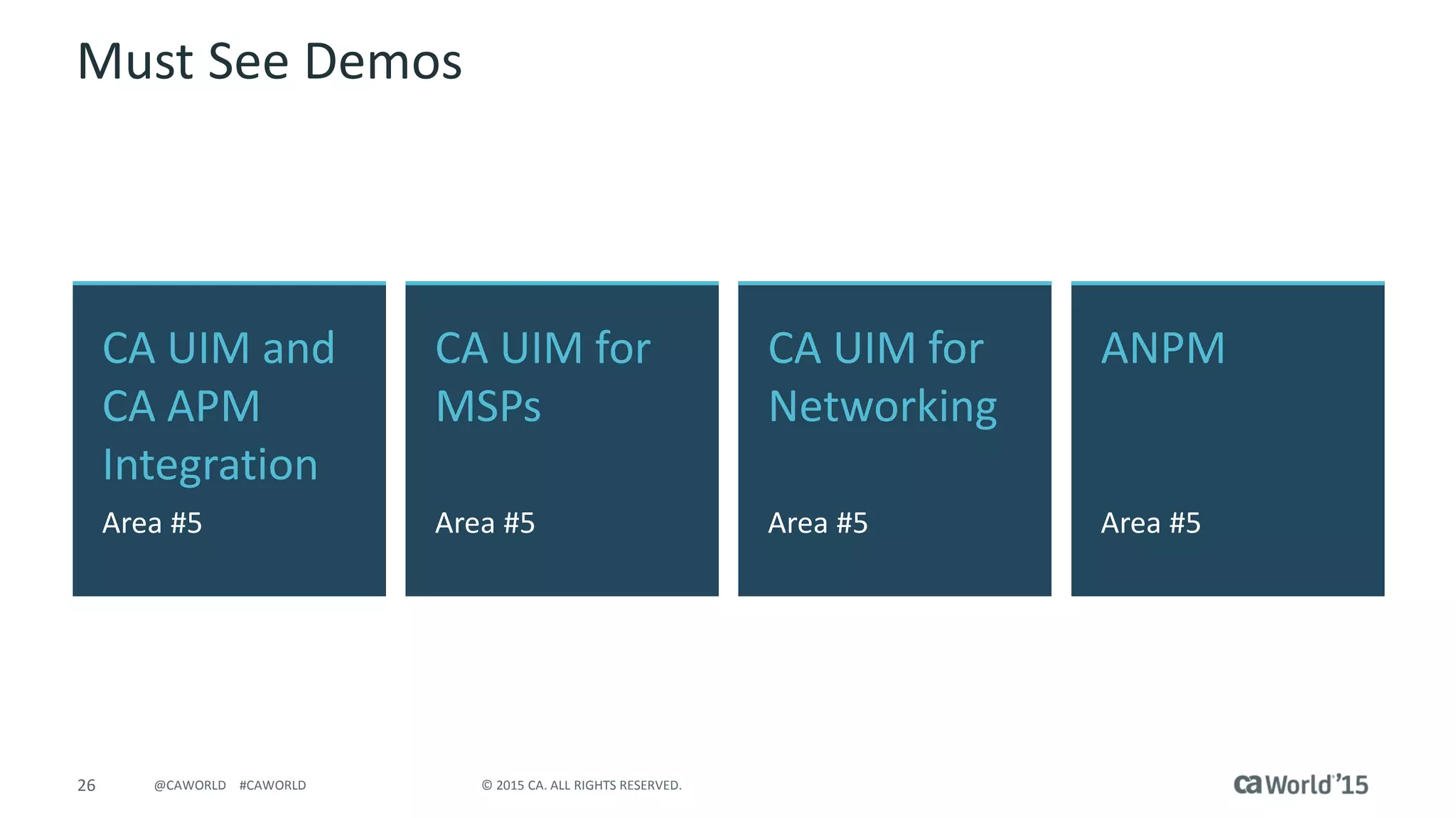 26 © 2015 CA. ALL RIGHTS RESERVED.@CAWORLD #CAWORLD
Must See Demos
CA UIM and
CA APM
Integration
Area #5
ANPM
Area #5
CA UIM for
MSPs
Area #5
CA UIM for
Networking
Area #5
 