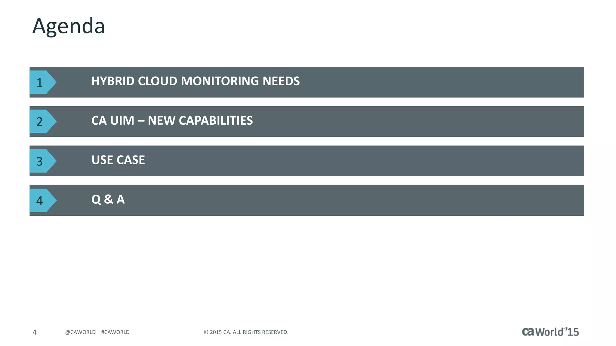 4 © 2015 CA. ALL RIGHTS RESERVED.@CAWORLD #CAWORLD
Agenda
HYBRID CLOUD MONITORING NEEDS
CA UIM – NEW CAPABILITIES
USE CASE
Q & A
1
2
3
4
 